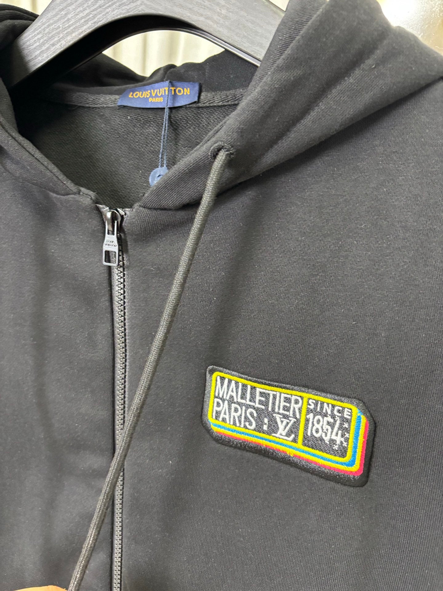 Louis Vuitton long zip-up hoodie, dark gray, front zipper and hood patch logo