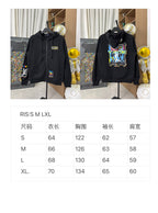 Black zip-up hoodie front view, size chart below (S–XL)