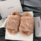 Balenciaga faux-fur slide sandals in light brown with crystal bow embellishment