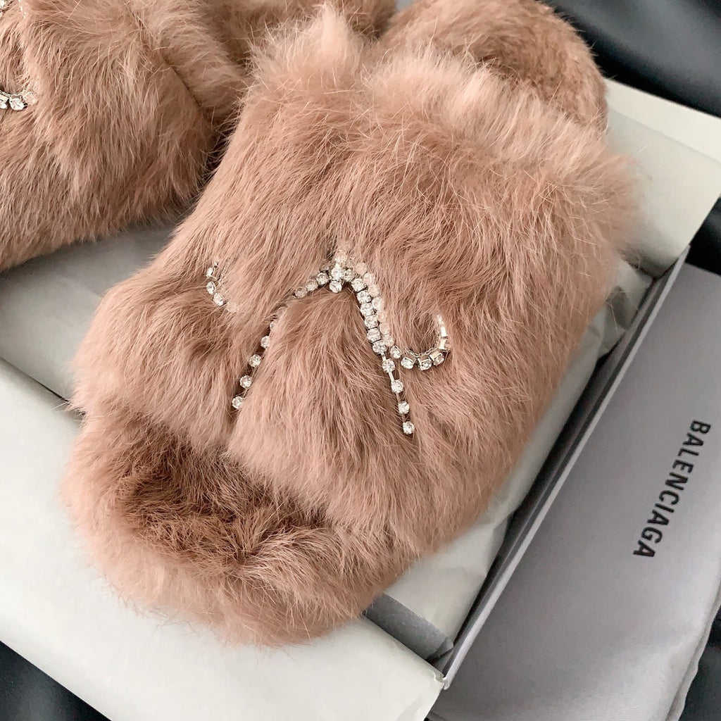 Balenciaga faux-fur slide sandals in light brown with crystal arch embellishment