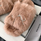 Balenciaga faux-fur slide sandals in light brown with crystal arch embellishment