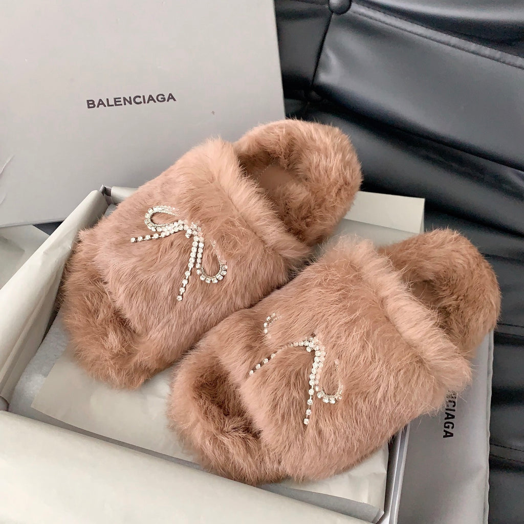 Balenciaga faux-fur slide sandals in light brown with crystal dangling embellishment