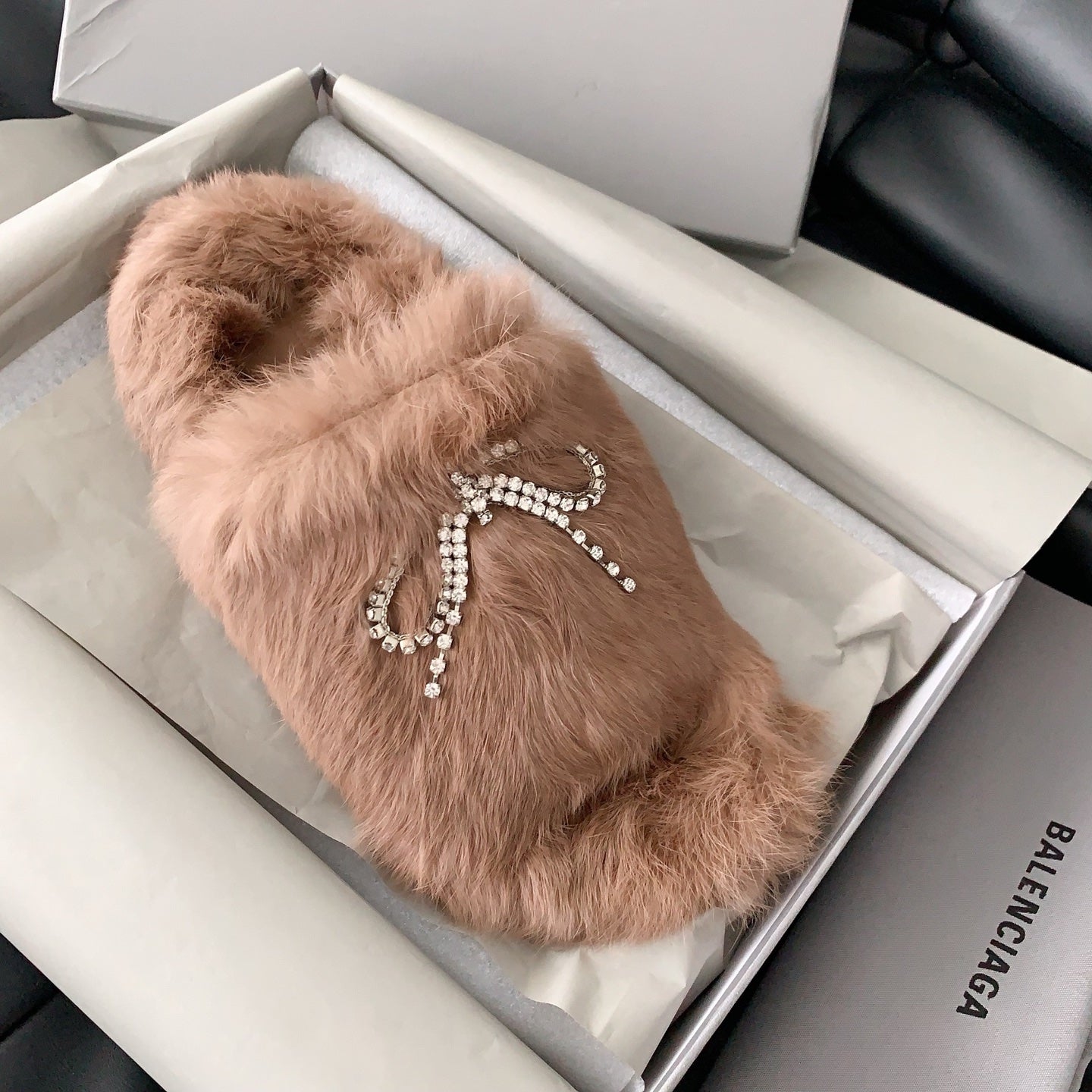 Balenciaga faux-fur slide sandals in light brown with crystal bow applique