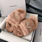 Balenciaga faux-fur slide sandals in light brown with crystal letter-style embellishment