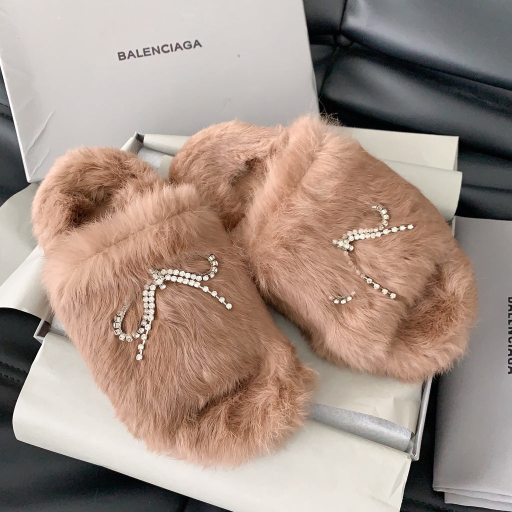 Balenciaga faux-fur slide sandals in light brown with crystal swirl embellishment