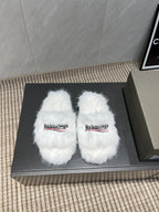 White fur slide sandals with Balenciaga logo on two straps