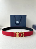 Dior red leather belt with gold-tone “DIOR” buckle
