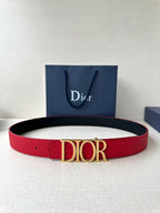 Dior red leather belt with gold-tone “DIOR” buckle