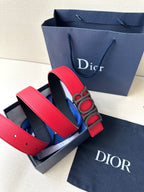 Dior red leather belt in gift box with gold “DIOR” buckle