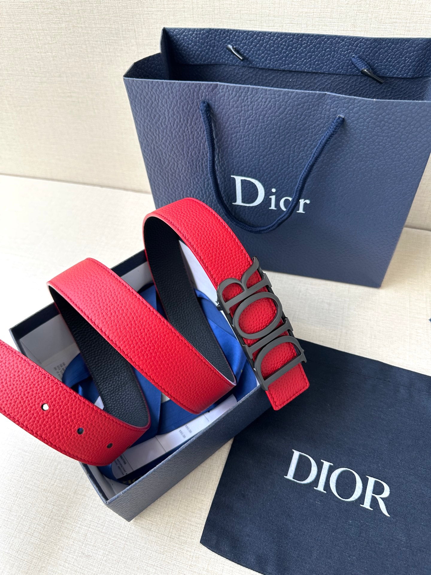 Dior red leather belt in gift box with gold “DIOR” buckle