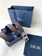 Brown leather belt with wide Dior buckle and metal loops