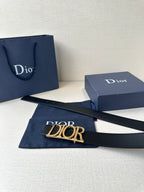 Black leather Dior belt with wide Dior logo buckle and smooth strap