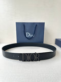 Black leather Dior belt with rectangular buckle and silver-tone Dior lettering