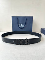 Black leather Dior belt with rectangular buckle and silver-tone Dior lettering
