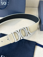 Dior logo belt buckle on white leather strap with punched adjustment holes