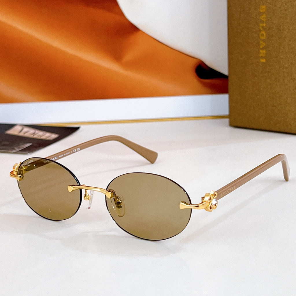 Bvlgari round sunglasses, tan frame, olive-brown tinted lenses, gold-tone hardware