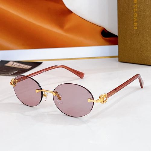 Bvlgari round sunglasses, rose-pink frame, tinted pink lenses, gold-tone hardware