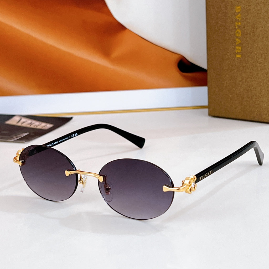 Bvlgari round sunglasses, black frame, purple tinted lenses, gold-tone hardware