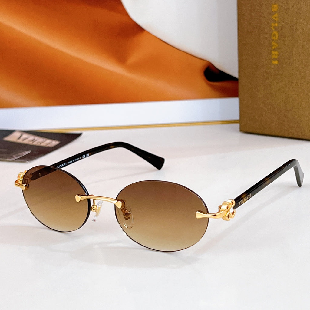 Bvlgari round sunglasses, black frame, amber tinted lenses, gold-tone hardware