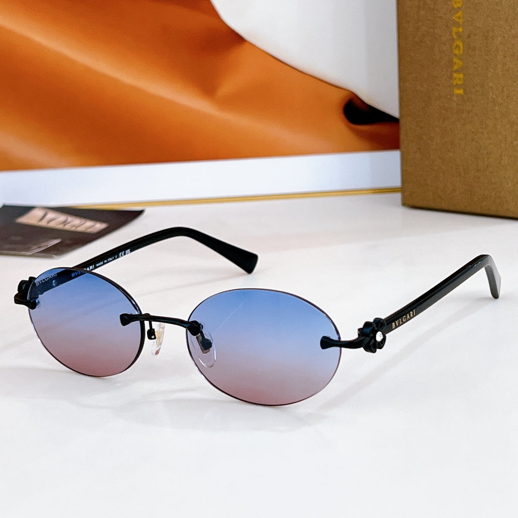 Bvlgari round sunglasses, black frame, blue tinted lenses, gold-tone hardware