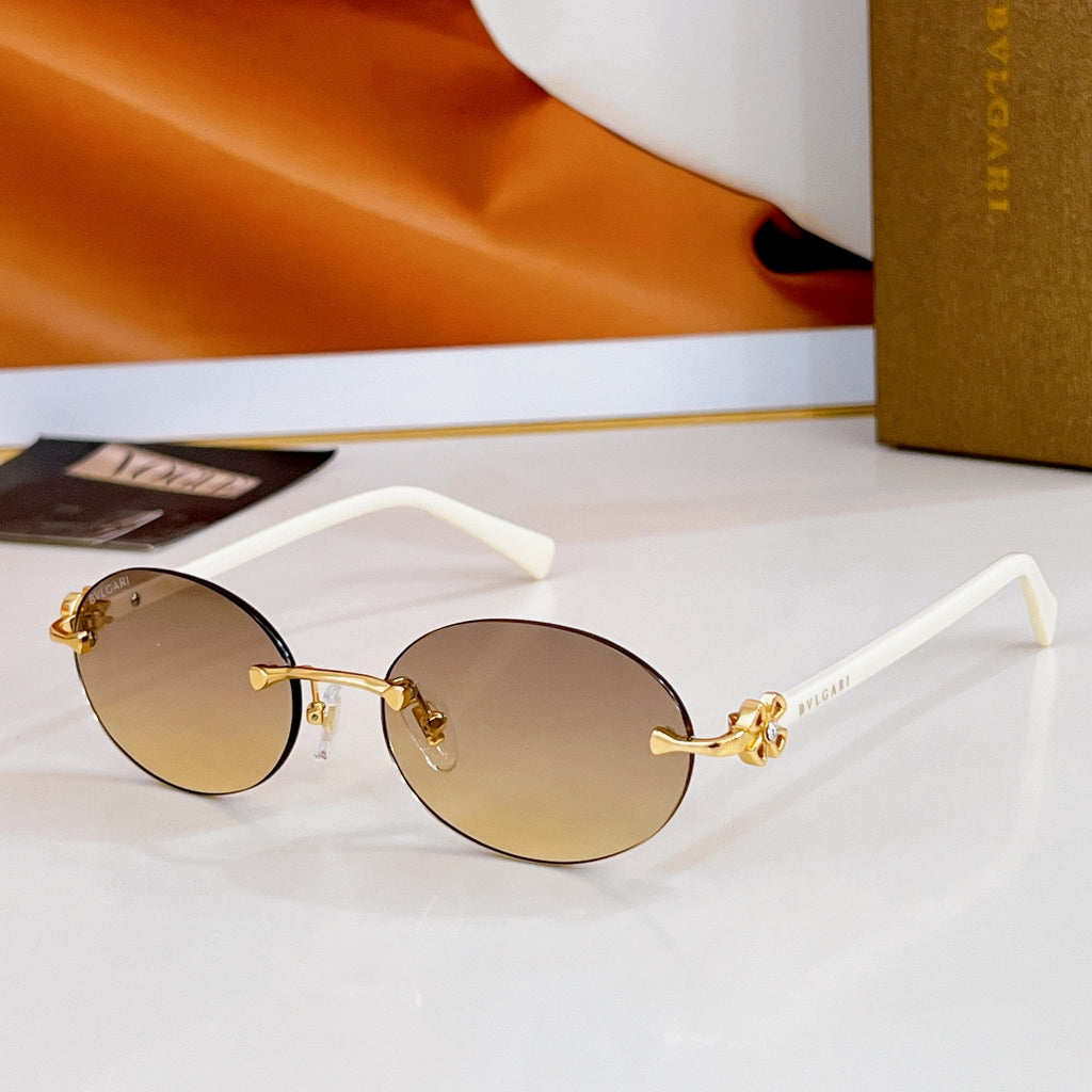 Bvlgari round sunglasses, white frame, tan tinted lenses, gold-tone hardware