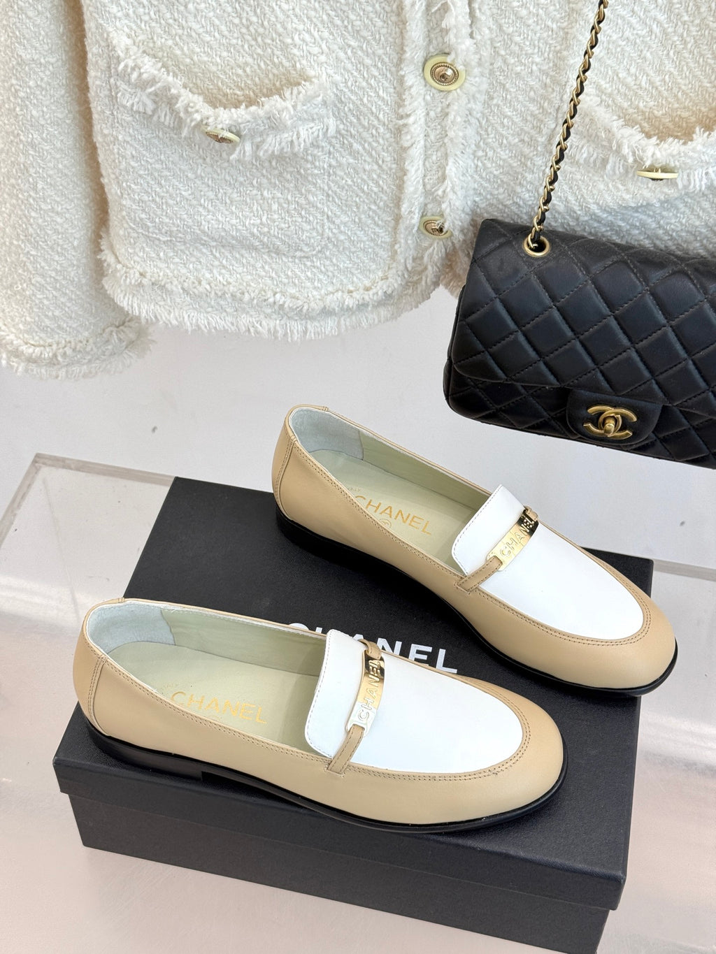 Chanel women's loafers set, cream leather with white strap and gold buckle