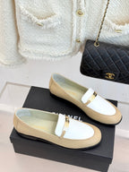 Chanel women's loafers set, cream leather with white strap and gold buckle