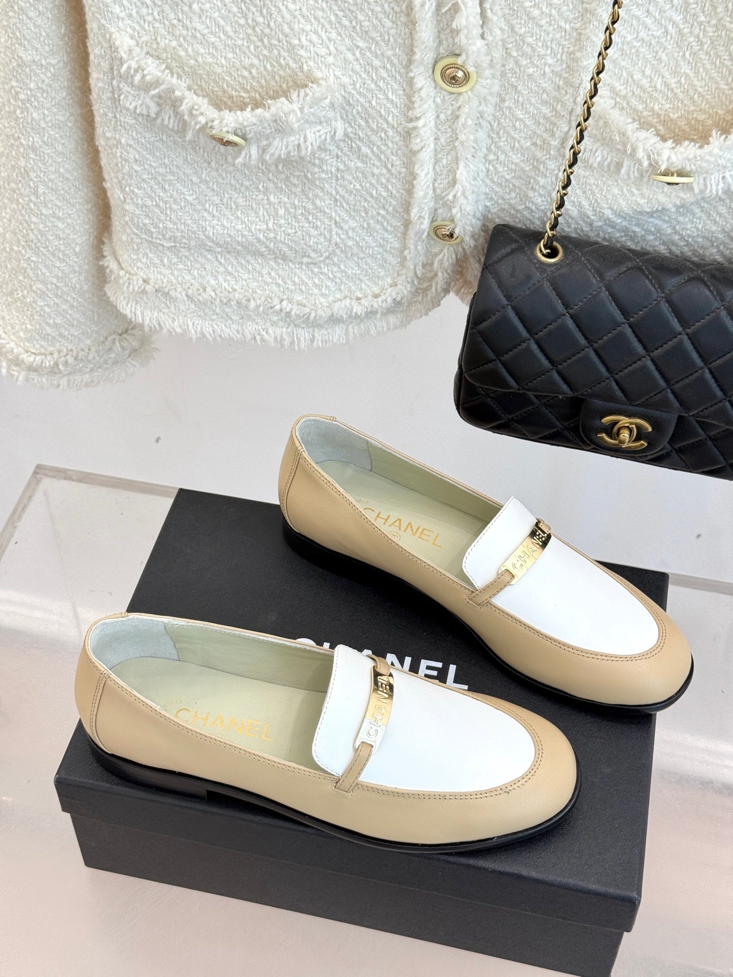 Chanel women's loafers set, cream leather with white strap and gold buckle