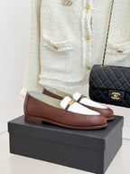 Chanel ladies luxury loafer shoes, brown with white strap and gold buckle