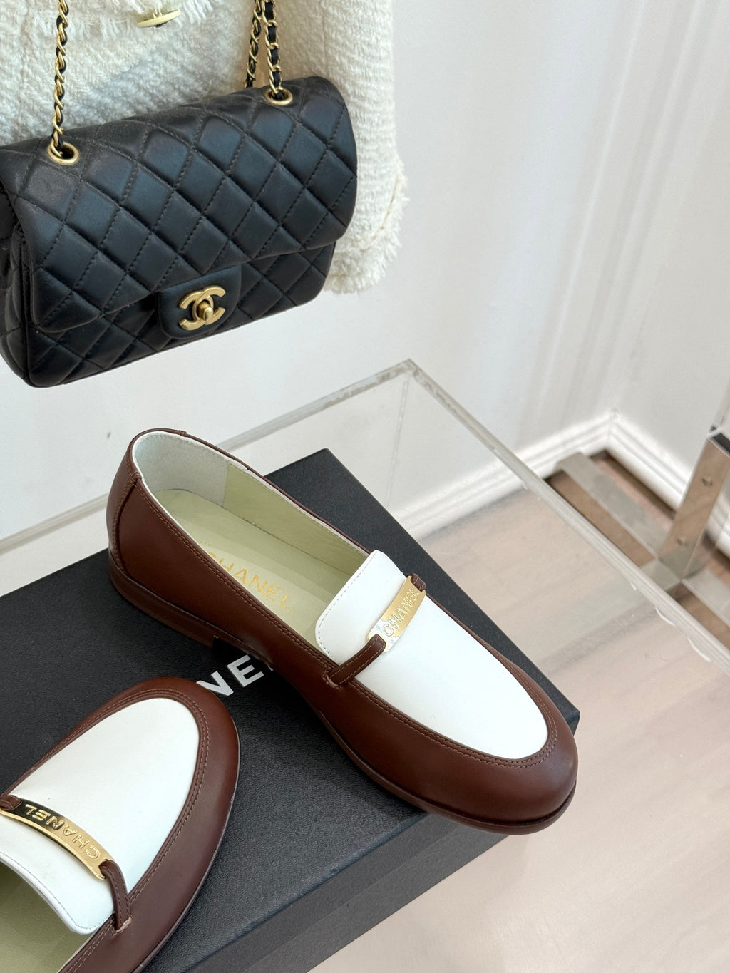 Chanel ladies luxury loafer, brown leather with white strap and gold buckle