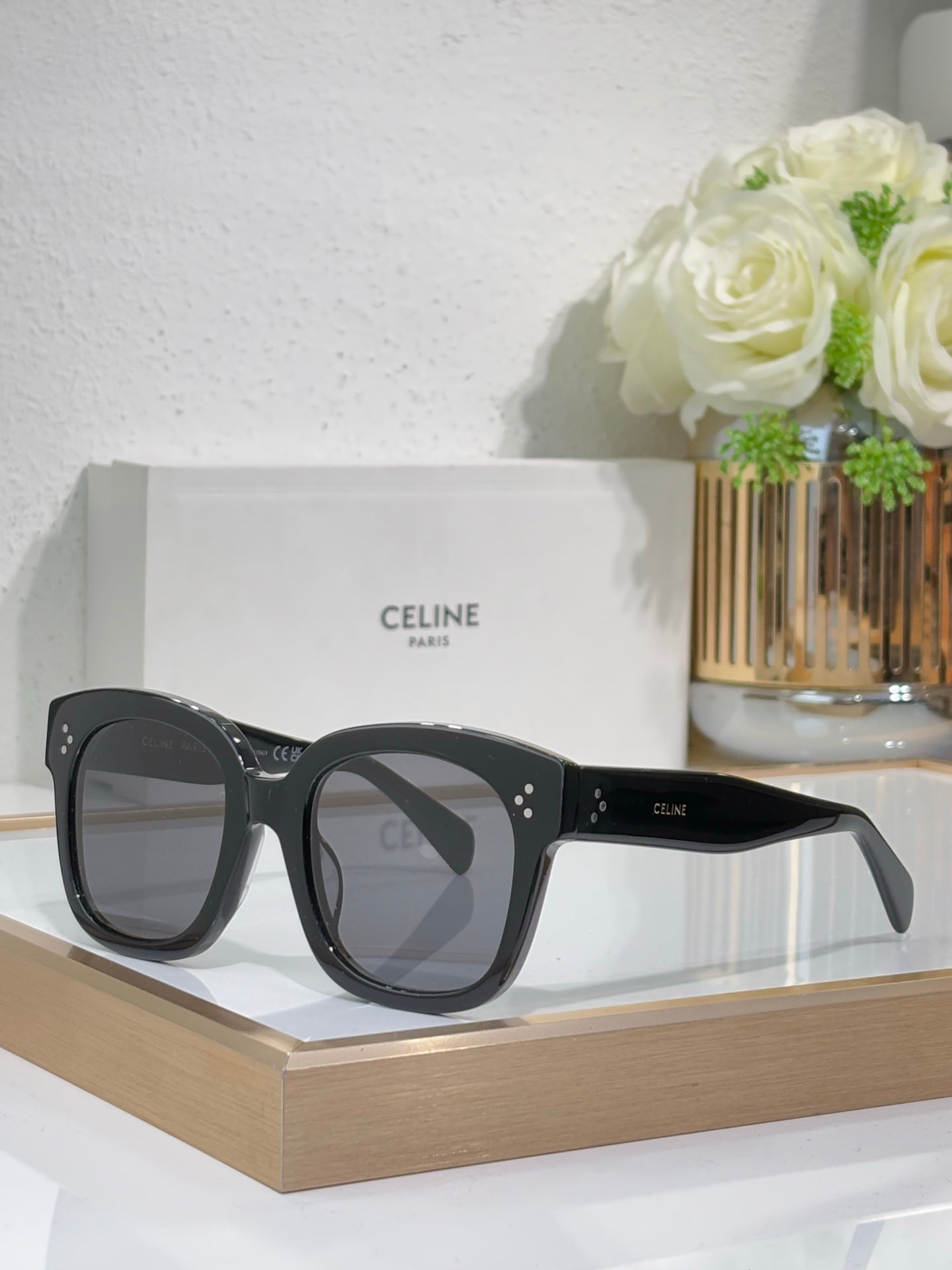 Celine black square sunglasses with dark lenses