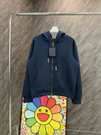 Navy Louis Vuitton zip-up hoodie with hood, gold zipper, and logo chest embroidery