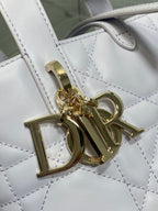 Dior bag close-up: gold tone Dior hardware on quilted light white leather
