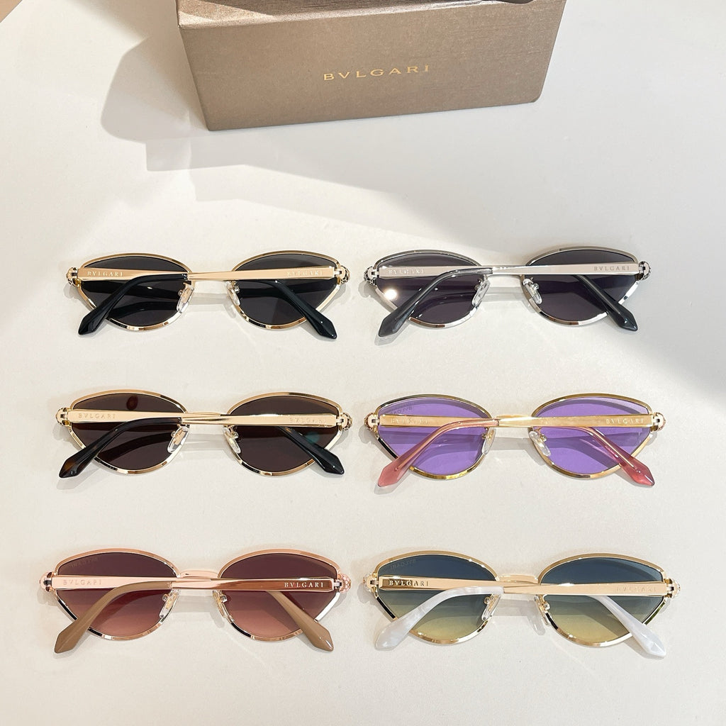 BVLGARI cat-eye sunglasses set with mixed frames and tinted lenses on display