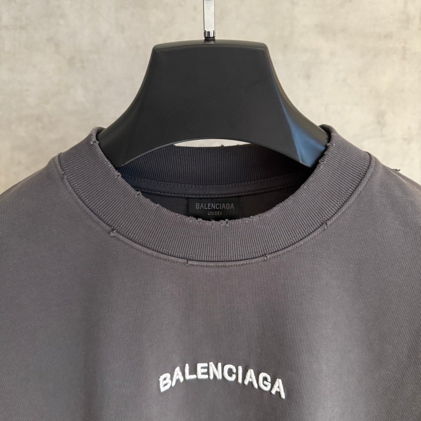 Long-sleeve sweatshirt, dark gray, ribbed crew neck, BALENCIAGA chest logo