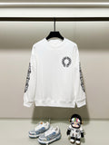 White long-sleeve crewneck sweatshirt with black logo graphic and patterned sleeves