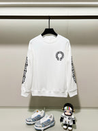 White long-sleeve crewneck sweatshirt with black logo graphic and patterned sleeves