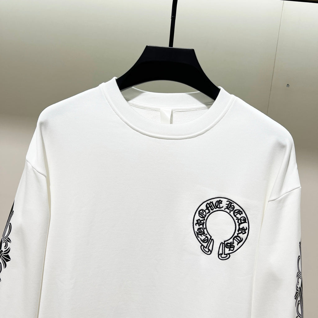 White crewneck sweatshirt with small black chest logo