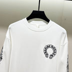 White crewneck sweatshirt with small black chest logo