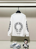 White sweatshirt with back center logo and black patterned sleeve prints