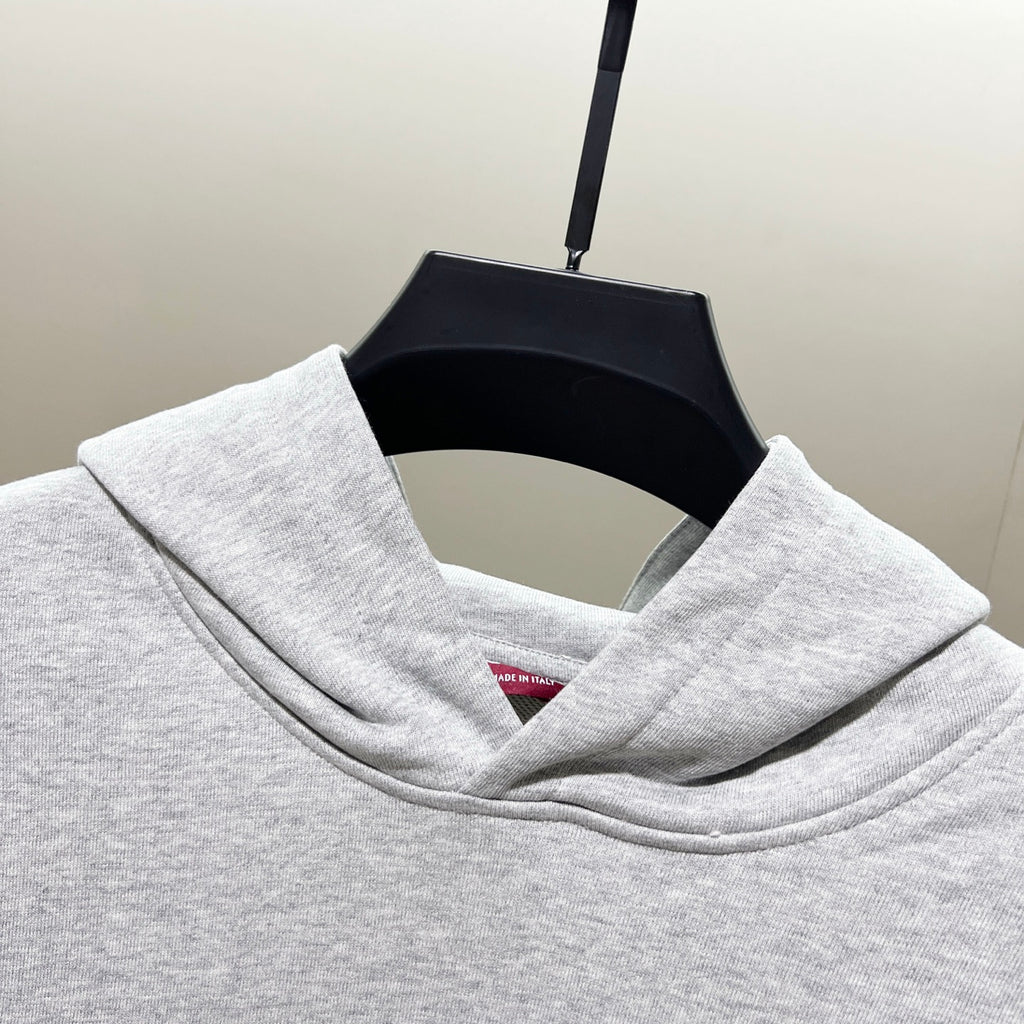 Gucci long-sleeve hoodie hood with drawstring, heather gray ribbed trim