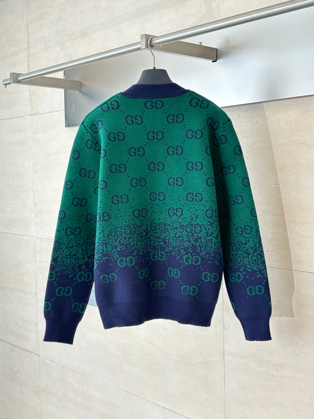 Gucci long cardigan in green and navy GG jacquard knit, crew neck and button front