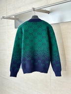 Gucci long cardigan in green and navy GG jacquard knit, crew neck and button front