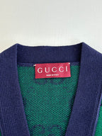 Gucci long cardigan neckline with red Gucci label and green GG jacquard knit