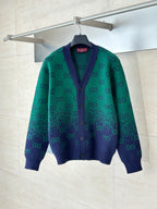Gucci long cardigan in green and navy GG jacquard knit, front button placket