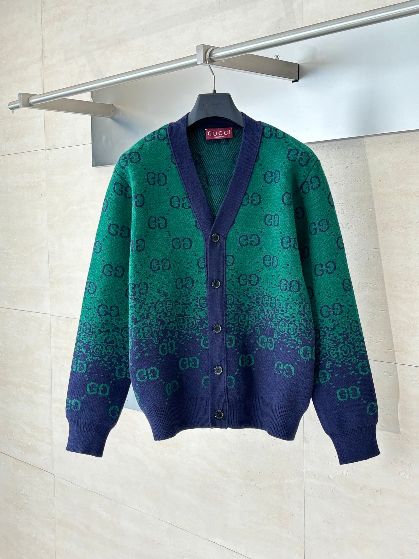 Gucci long cardigan in green and navy GG jacquard knit, front button placket