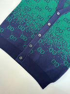 Gucci long cardigan sleeve and hem, green GG jacquard with navy ribbed cuffs