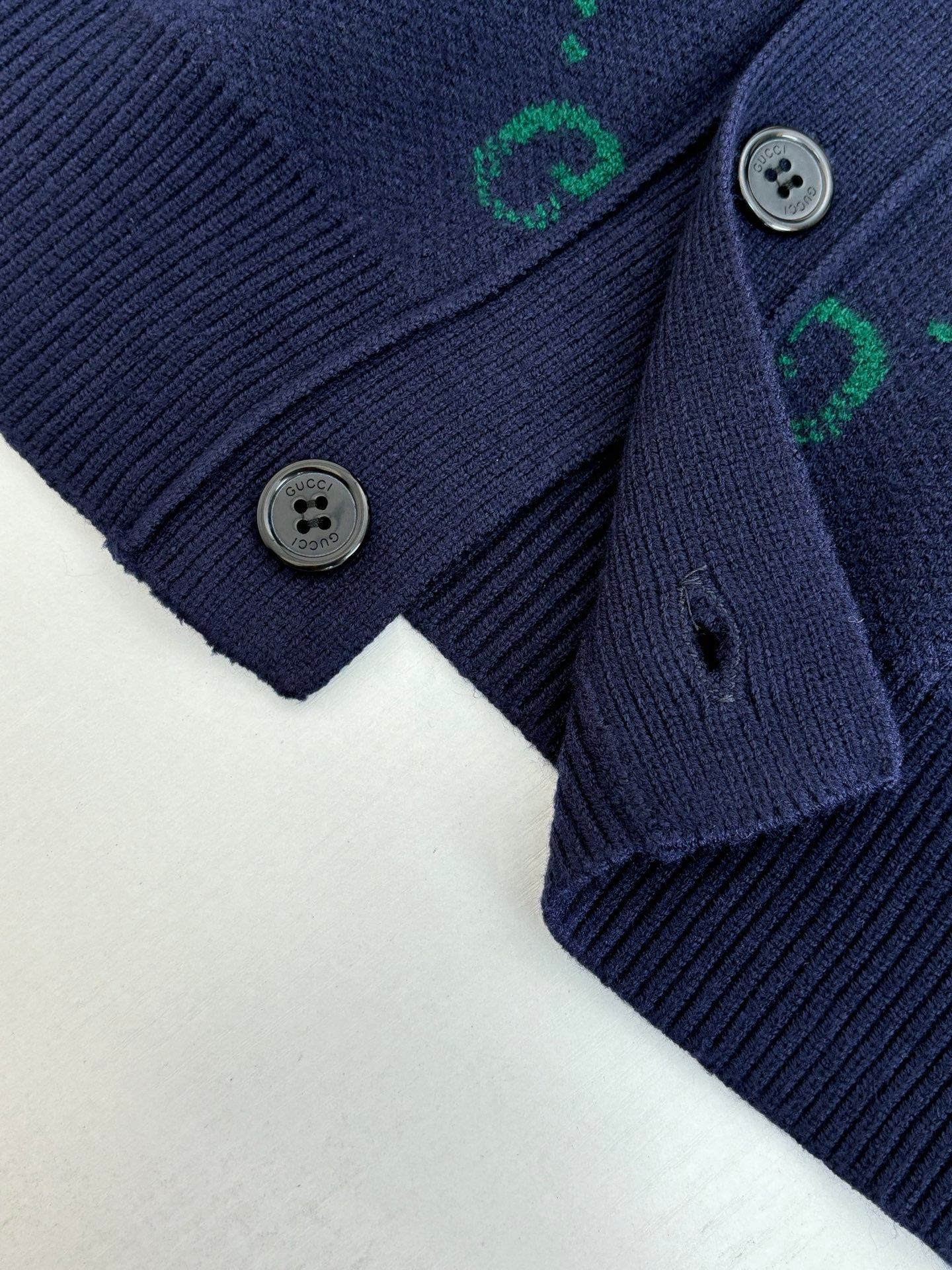 Gucci long cardigan cuff and shoulder seam with buttons on navy ribbed knit