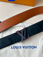 Louis Vuitton belt close-up: dark monogram strap with brown keeper and LV buckle