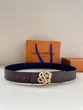 Dark navy leather belt with gold-tone embellished monogram buckle and stitched edge